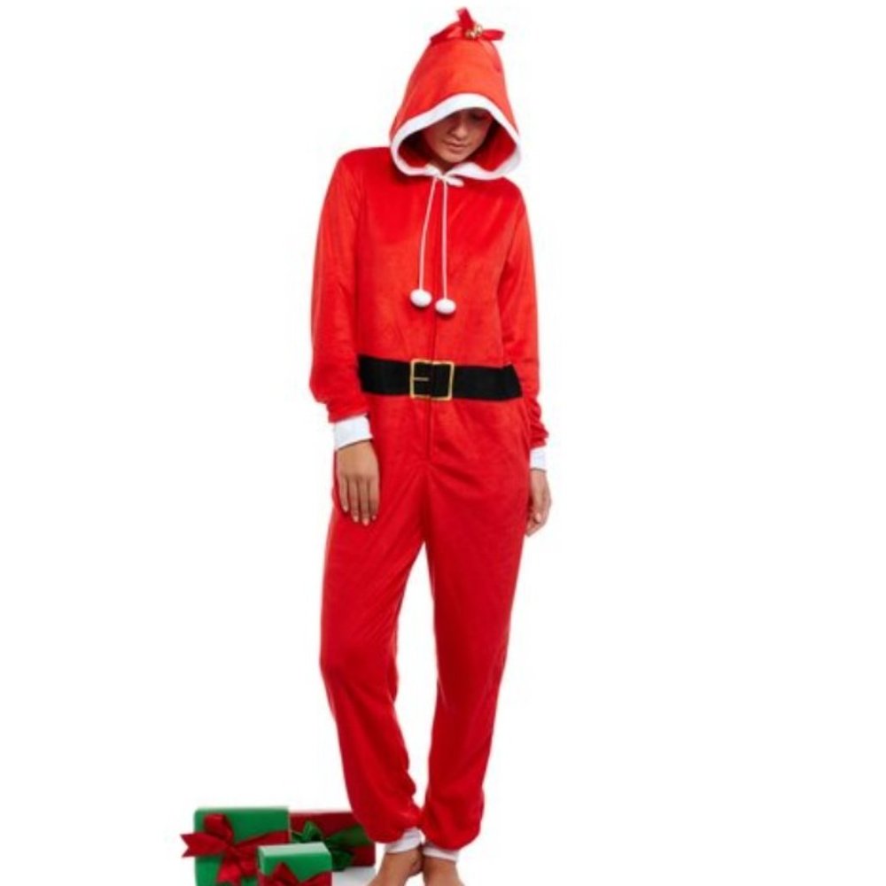 Womens Juniors SANTA CLAUS Union Suit 1 pc Pajama Set  Size Medium Large NWT